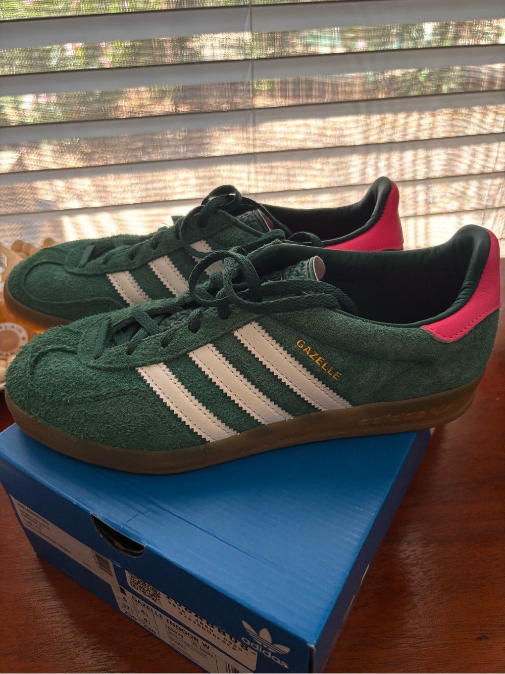 adidas Green Suede Gazelle Sneakers with White Stripes and Pink Heel Tab